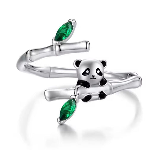 Sterling Silver Panda Bamboo Ring – Adjustable &amp