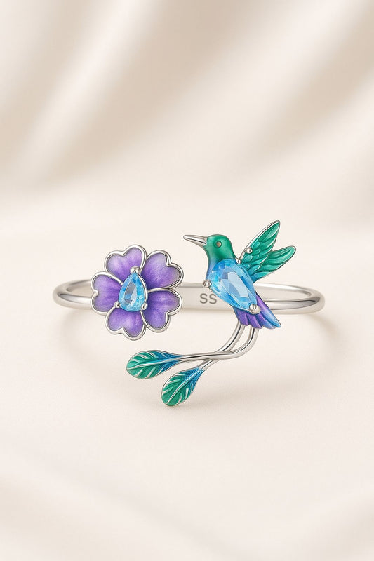 Hummingbird & Blossom Sterling Silver Ring