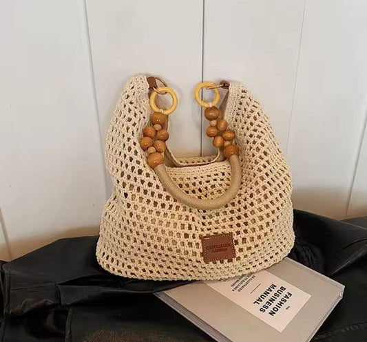 Summer Crochet Beach Bag – Woven Tote with Lace Bow & Pouch | Large Capacity Shoulder Bag for Women