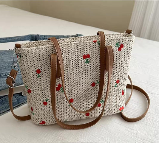 Cherry Straw Tote Bag – Elegant Rattan Summer Beach Shoulder Bag