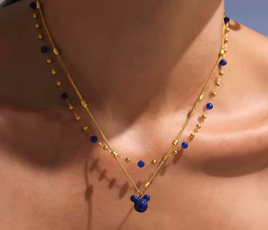 Set of 2 Gold Necklaces with Blue Natural Stone & Stainless Steel – Perfect for Layering!