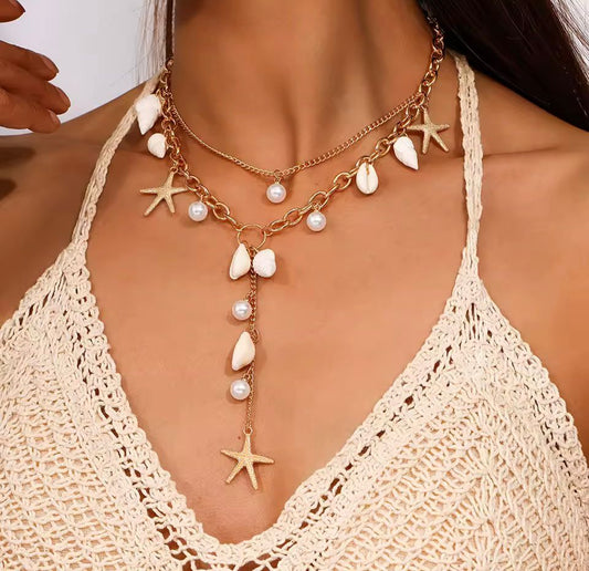 Boho Beach Shell Necklace for Women – Starfish, Faux Pearls & Summer Charm