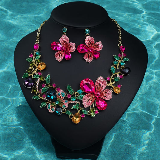 Colorful Statement Necklace & Earrings Set – Vintage Floral Rhinestone Jewelry for Women