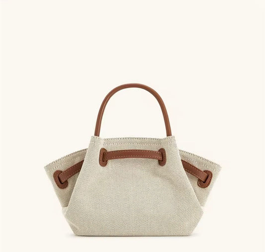 Women's Mini Crossbody Tote – Brown Canvas & Vegan Leather Dumpling Bag