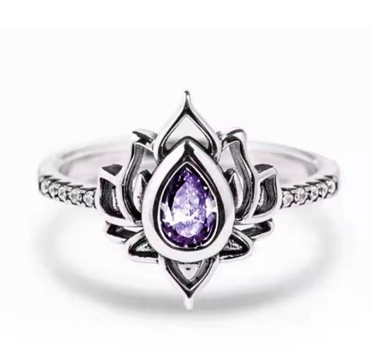 Vintage Flower Ring for Women – CZ Crystal, Antique Silver, 5 Colors